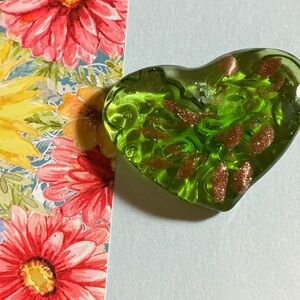 Green Heart Glass Cabochon with Copper Flakes-on a green ribbon